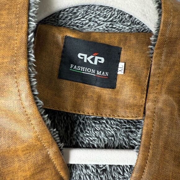 KP Fashion Man Leather Jacket Men XL Brown Sherpa Lined Long Sleeve Button Front - Picture 6 of 10